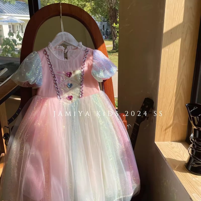 kids カラフルハートストーンレインボースパンコールプリンセスドレス