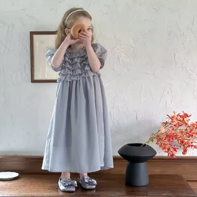 kids くすみブルートップフリルパフスリーブワンピース(1189