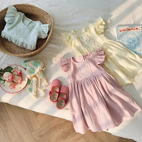 kids 3color パステルショルダーフリルワンピース(4075)