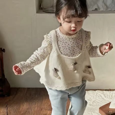 kids beige×blue小花柄トップス(1034)