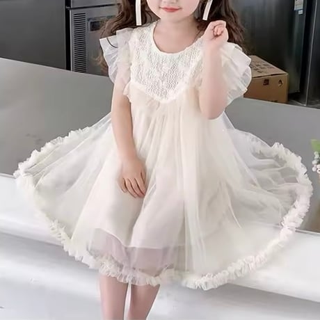 kids ivory/pink フロントフリルローズガーリーラメチュールドレス(4126)