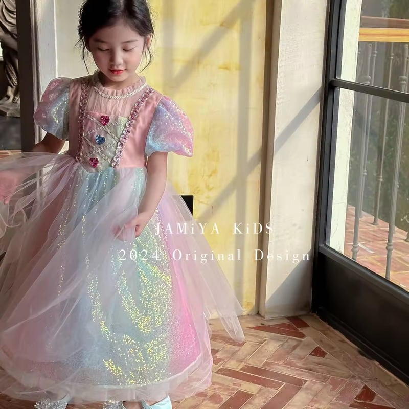 kids カラフルハートストーンレインボースパンコールプリンセスドレス