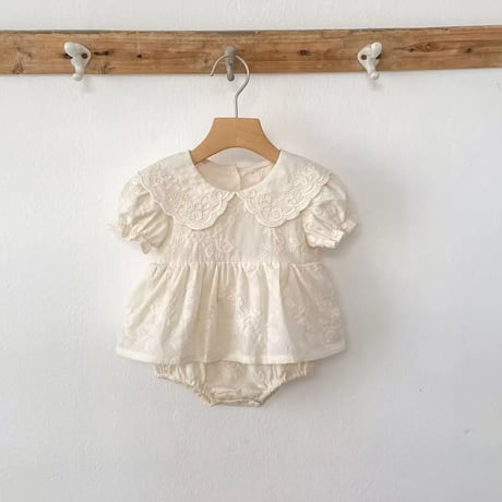 姉妹お揃いbeigeコットンレース刺繍ワンピースorスカートロンパース(1459)
