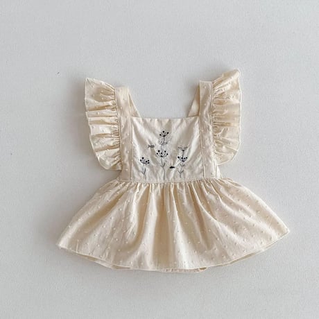 ドットミニヨン×ストライプ柄フラワー刺繍Shoulder frillsスカートロンパース(4096)