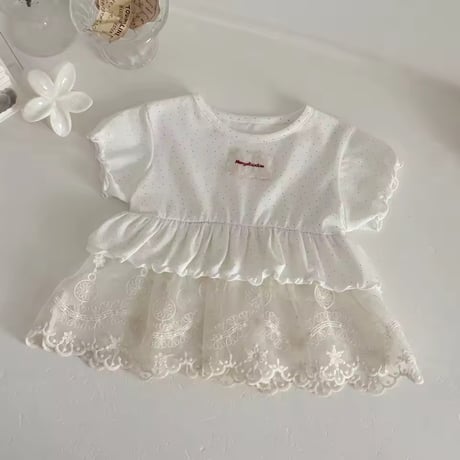 miniドットウエストバルーンレースペプラムブラウス×スリムフレアパンツコーデ(2297)