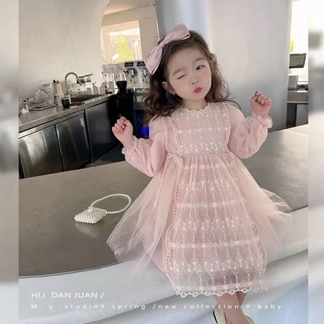 即納◆kids 2color ロングスリーブエプロンレースドレス(3371)