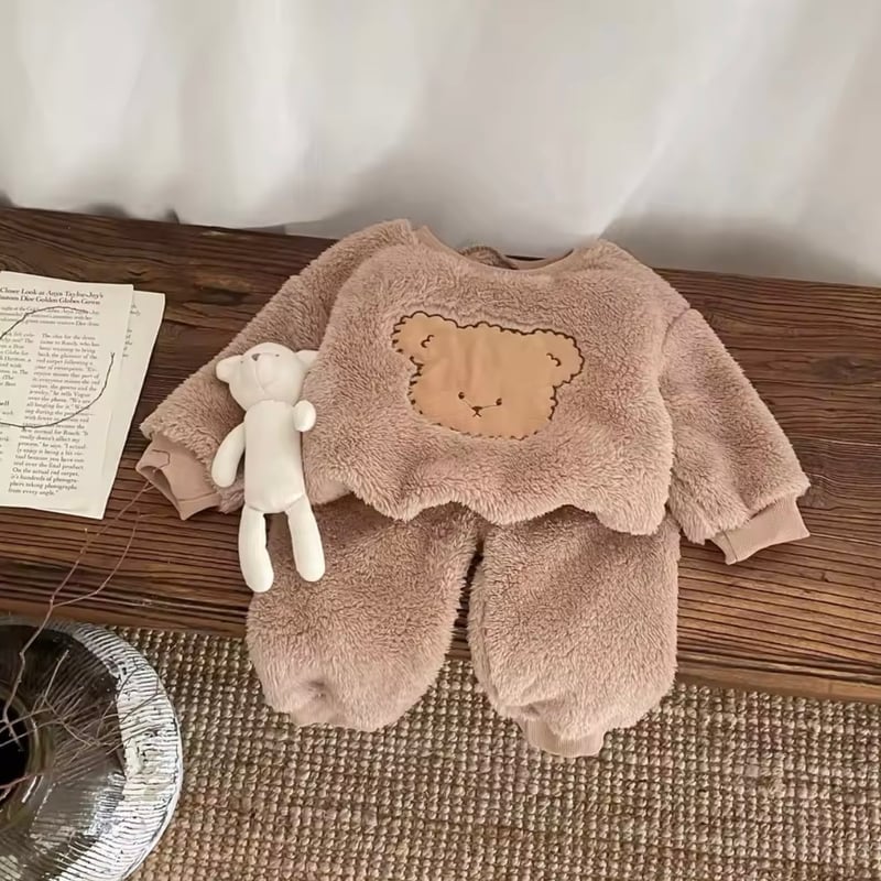 ハンドメイド【くま耳付きセットアップ】 2color もふもふくまセットアップ(772) | こどもふく🧸mocokids