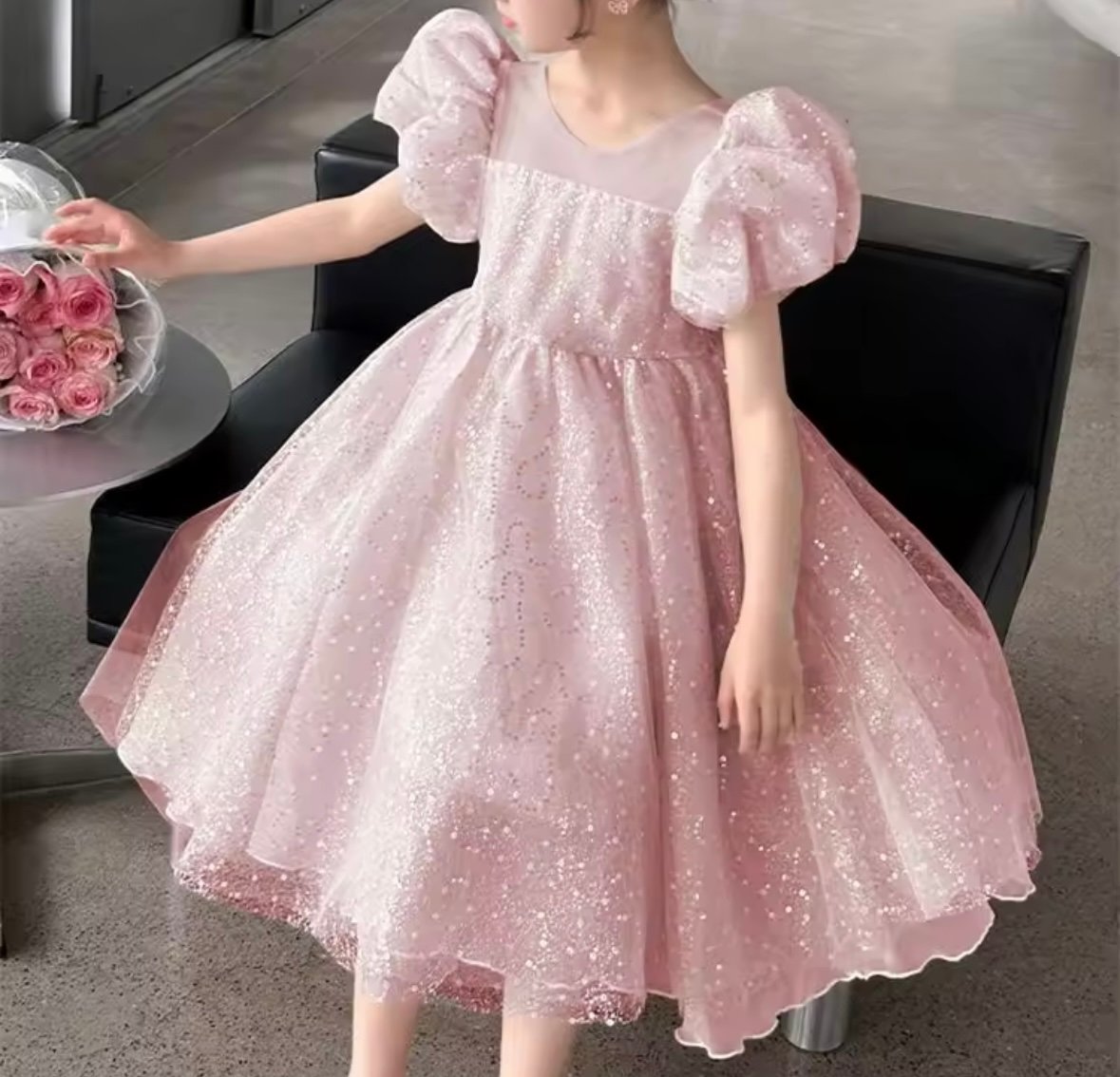 kids pink/champagne スパンコールパフスリーブドレス(638 kids pink/champagne スパンコールパフスリーブドレス(638