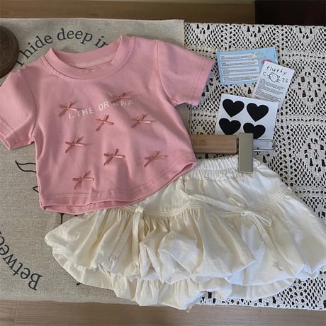 kids プチリボンピンクtシャツ or リボンバルーンキュロット(4129)