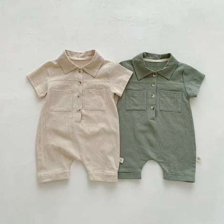 beige/army green シャツロンパース(4093)