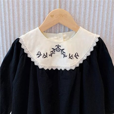 kids 刺繍襟ぽわん袖Aラインワンピース(2385)