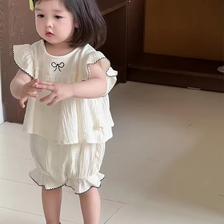 リボンワンポイントフリル袖リネンセットアップ(1288)