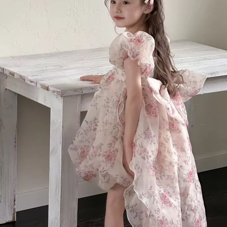 kids アシンメトリーピンクフローラルシフォンドレス(1544)