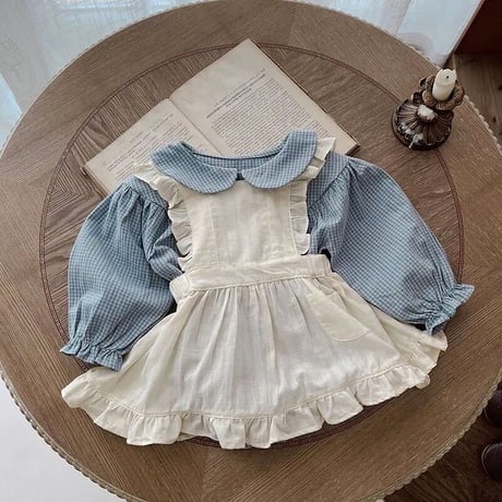 blue checkロンパース×frillエプロンワンピース(3193)