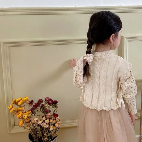 ヴィンテージ小花柄パフスリーブくすみピンクチュールワンピース(2536)