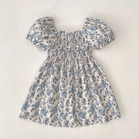 姉妹お揃いブルーペイズリー柄シャーリングロンパースorワンピース(1283)