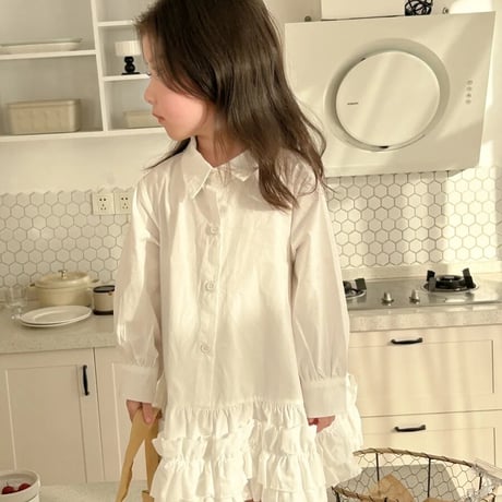 kids white / sky blueギャザーフリルシャツワンピース(3998)