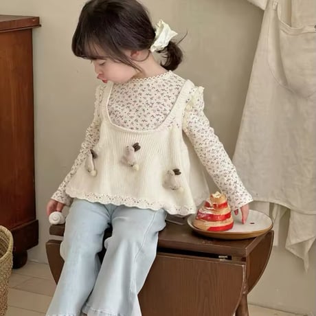 kids beige×blue小花柄トップス(1034)