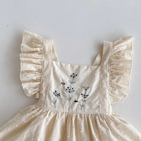 ドットミニヨン×ストライプ柄フラワー刺繍Shoulder frillsスカートロンパース(4096)