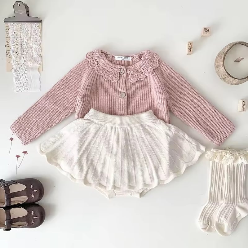 OHGA FRILL KNIT ピンク white/pink かぎ針編み襟ニットカーディガン(2021) | こどもふく