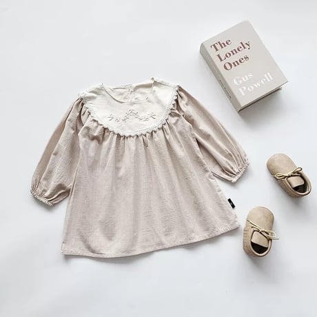 kids 刺繍襟ぽわん袖Aラインワンピース(2385)