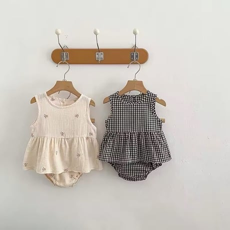 リネンフラワー×チェックノースリーブブルマセットアップ(1147)