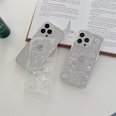 3Dクリスタルくま×パールハート×スパンコールクリアiPhoneケース(295)