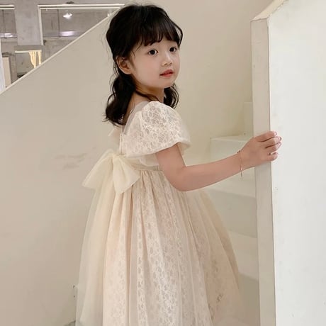 kids 総レースチュールパフスリーブネックレス付きドレス(2433)