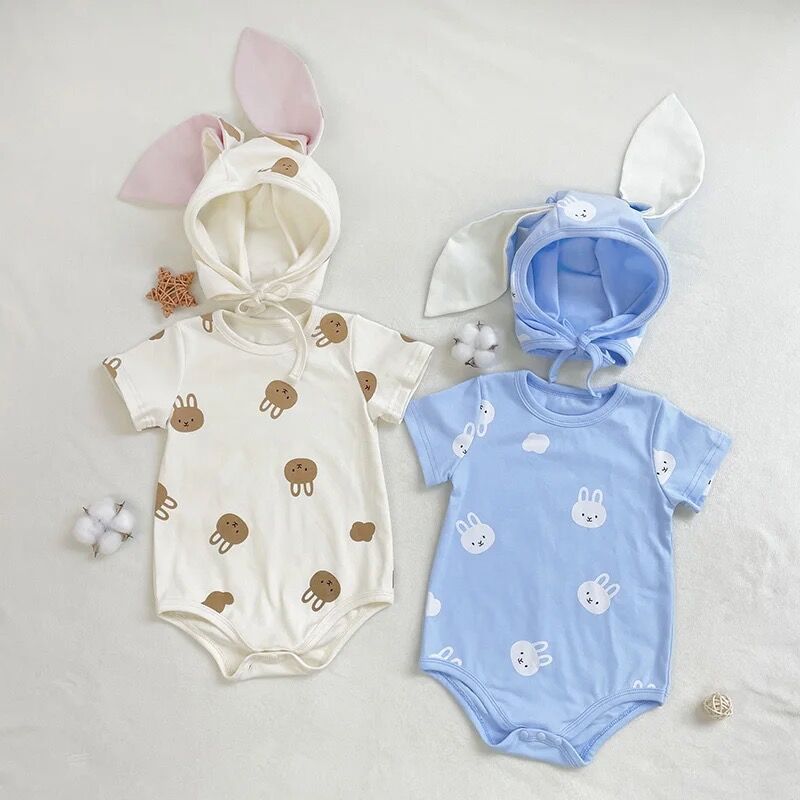 うさ耳ボンネットうさぎプリントロンパース(3115) | こどもふく🧸mocokids