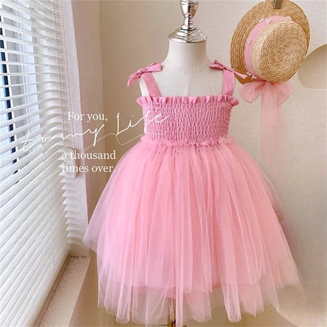 kids yellow/pinkシャーリングpopチュールドレス(4138)