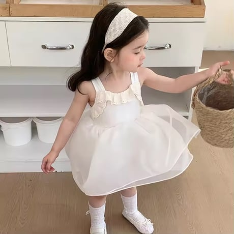white/black 姉妹お揃いノースリーブコットンフリルシフォンワンピースorワンピース(1404)