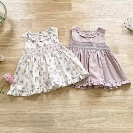 kids 2colorノースリーブシャーリング刺繍チュニックトップス(1202)