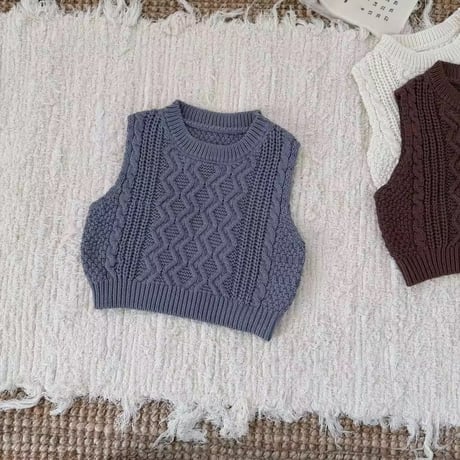 brown/ivory/blue ケーブルニットベスト(1418)