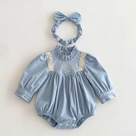 姉妹お揃いブルーVウエストロンパースorワンピース(955)