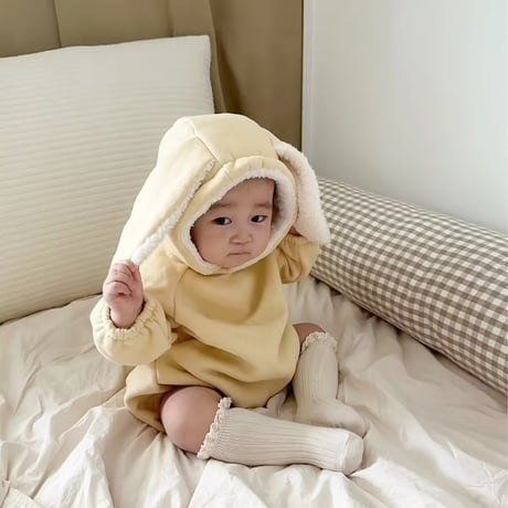 beige/yellow フリースあったかうさ耳ロンパース(820)