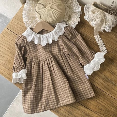 姉妹お揃いbrownチェックスカラップレースロンパースorワンピース(4010)