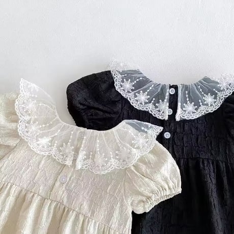 beige×black confetti laceパフスリーブロンパース(1102)