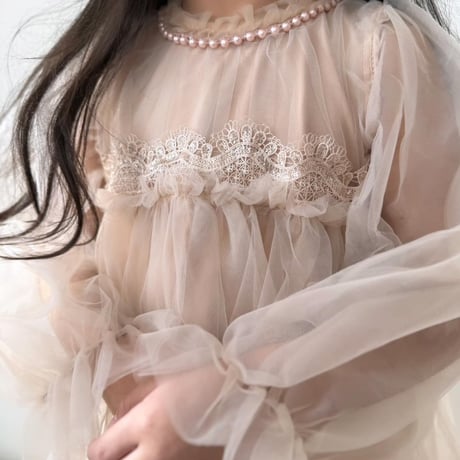 kids pink beige袖チュールドレス(3222)