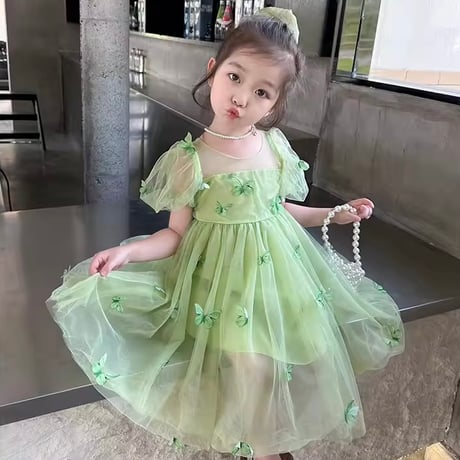 kids purple/green バタフライパフスリーブチュールドレス(838)