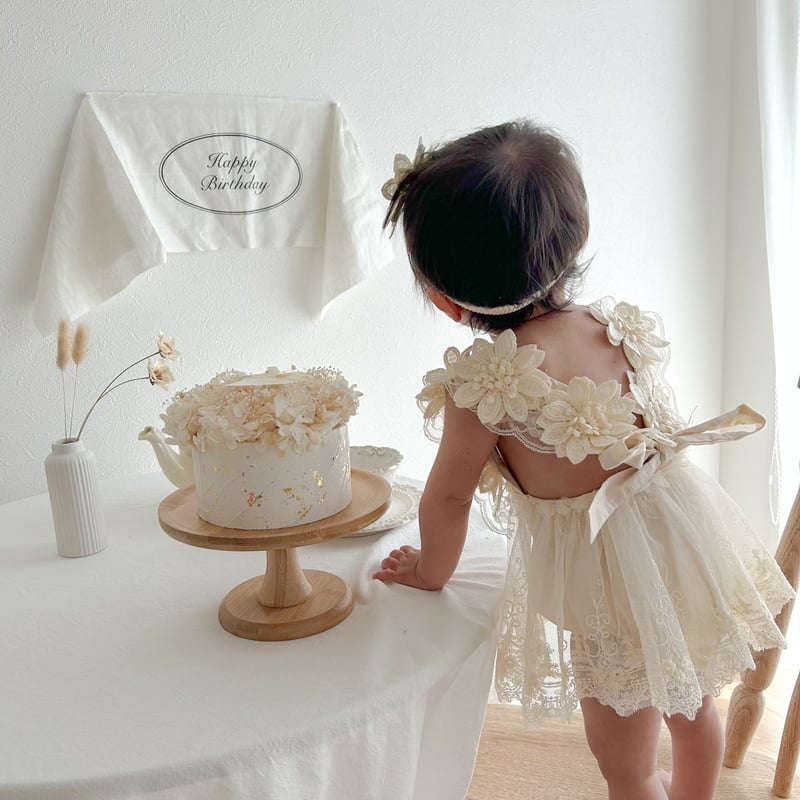 5color ヘアアクセ付きフラワーショルダーバックシャンレーススカート  