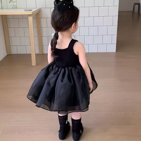 white/black 姉妹お揃いノースリーブコットンフリルシフォンワンピースorワンピース(1404)