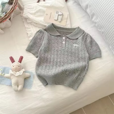 kids 3colorアイレットラウンドネック半袖サマーニットブラウス(1655)
