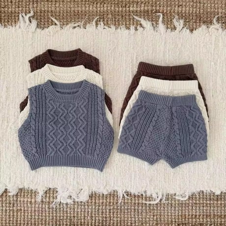 brown/ivory/blue ケーブルニットショートパンツ(1411)