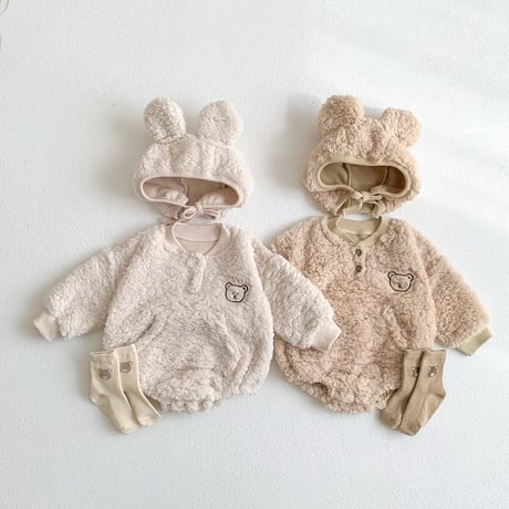 2color シープボアくま耳ボンネットロンパース(2430)