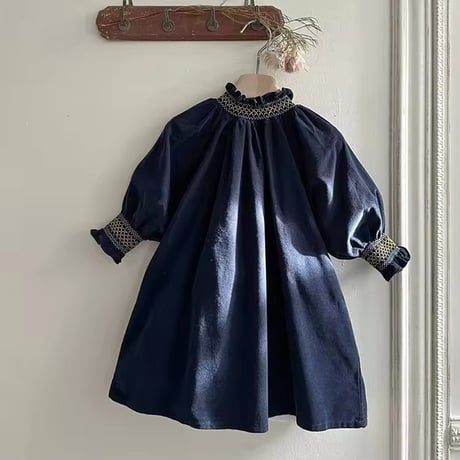 green/navy 姉妹お揃い立て襟刺繍ロンパースorワンピース(4184)