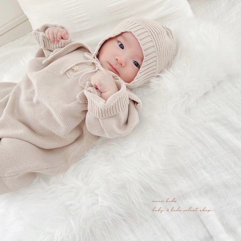 とんがりボンネット付き襟付きニットロンパース(2296) | こどもふく