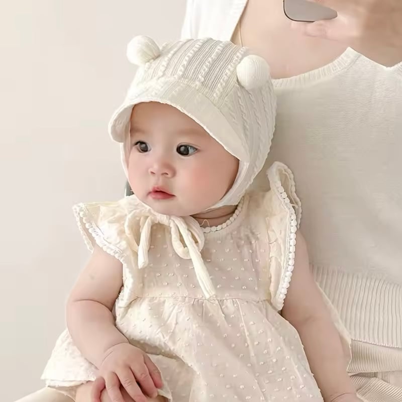 3color ぽんぽんくま耳ボンネット帽子(1188) | こどもふく🧸mocokids