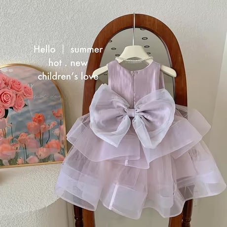 kids ピンクパープルバックリボンダブルチュールドレス(1284)