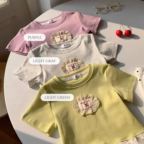 kids チェリーワッペンコットンレースペプラムトップス(2282)
