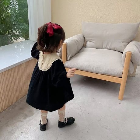 kids 刺繍襟ぽわん袖Aラインワンピース(2385)